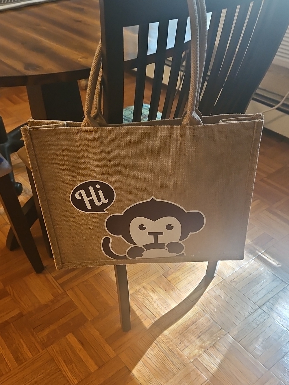 3 For $10 Neutral Jute Tote Bag with Playful Monkey Graphic